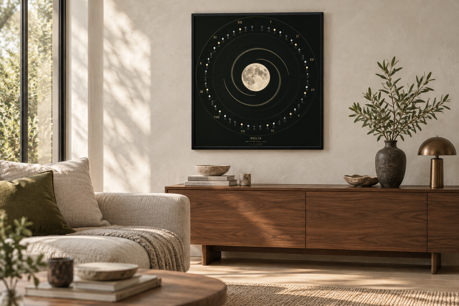 HELIX calendar print framed in a warm contemporary living room
