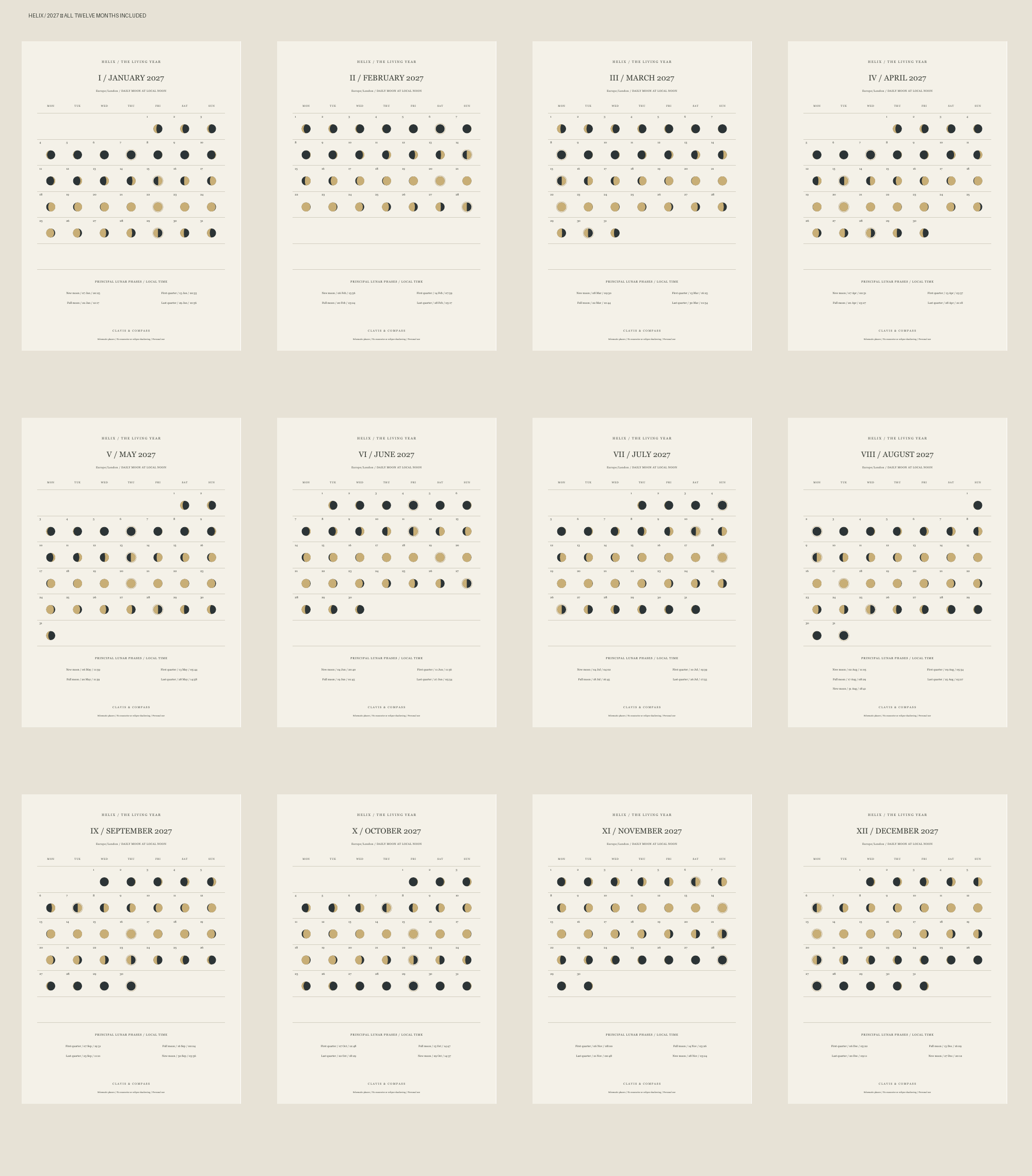 January through December 2027: all twelve included A4 daily lunar calendar pages