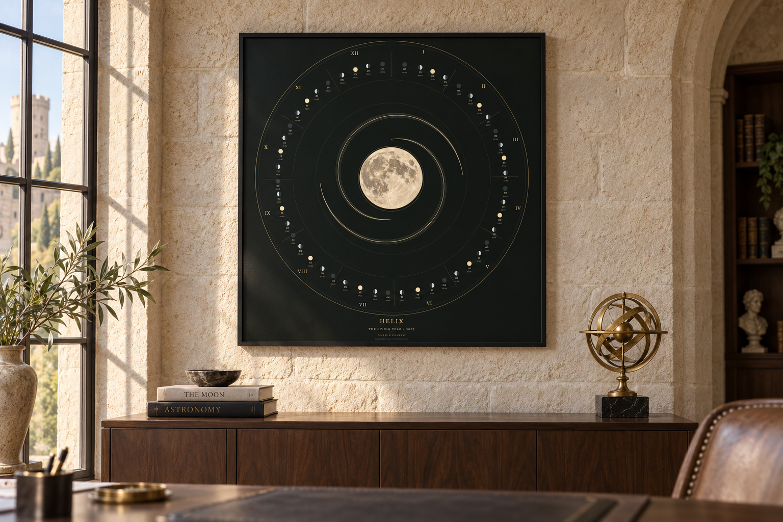 HELIX calendar print framed in a limestone and walnut office