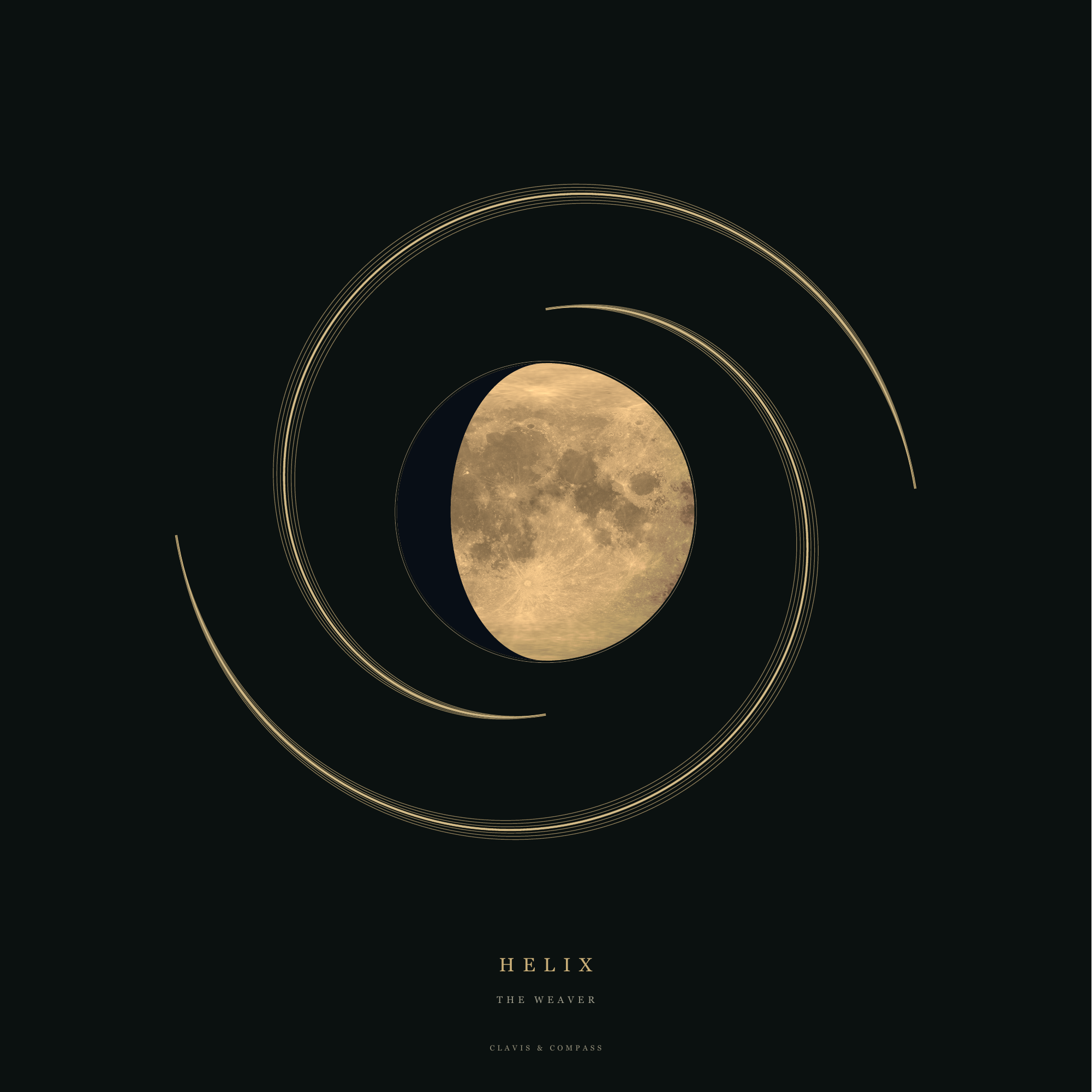 HELIX signature artwork: gold spirals around a shadowed Moon